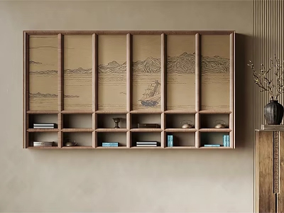 Traditional Wooden Tea Cabinet With Landscape Painting Design And Multiple Compartments 3d model