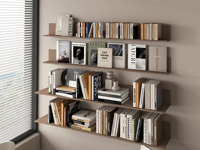 Wooden Bookshelf with Multiple Shelves Filled with Books and Magazines in Bright Interior Natural Light 3d model