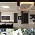 Modern Living and Dining Room Interior With Black Sofa Decorative Painting And Lighting Design