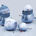 Adorable Snowman Ornament Figurine Set With Blue Knitted Hats Scarves Orange Noses And Various Poses