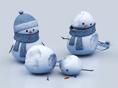 Adorable Snowman Ornament Figurine Set With Blue Knitted Hats Scarves Orange Noses And Various Poses 3d model