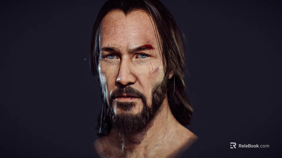 Man With Long Hair Beard And Blood On Face In Dark Background 3d model 
