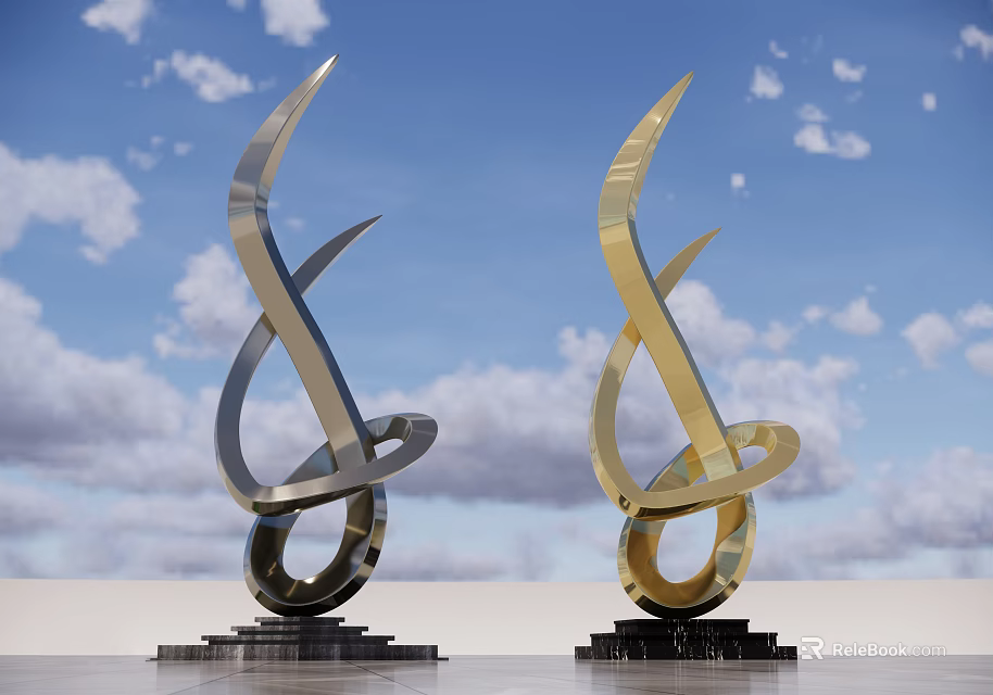 Silver And Gold Metallic Sculptures With Curved Spiral Design On Black Bases Against Blue Sky 3d model 