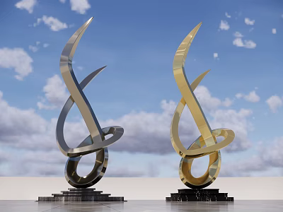Silver And Gold Metallic Sculptures With Curved Spiral Design On Black Bases Against Blue Sky 3d model