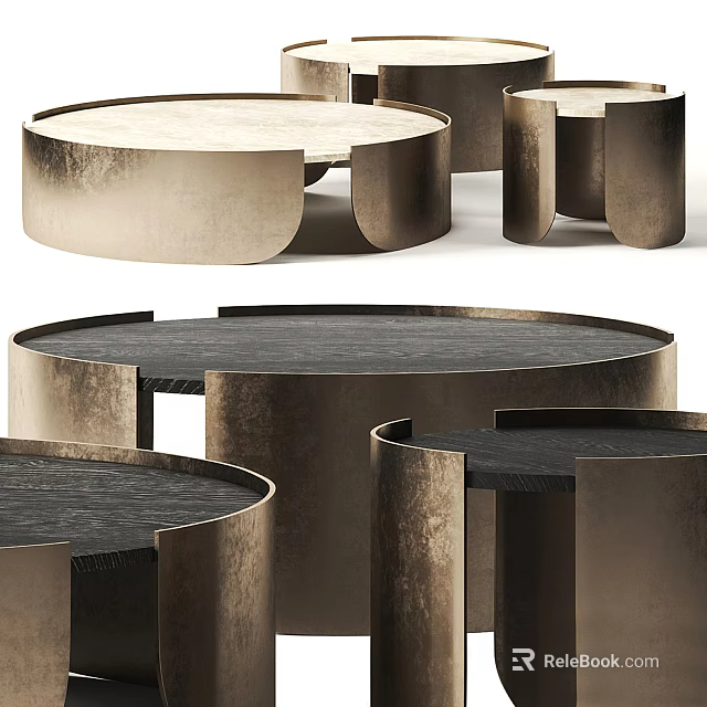 Modern Round Coffee Tables With Metal Frames Light Dark Wooden Tops Various Sizes 3d model 