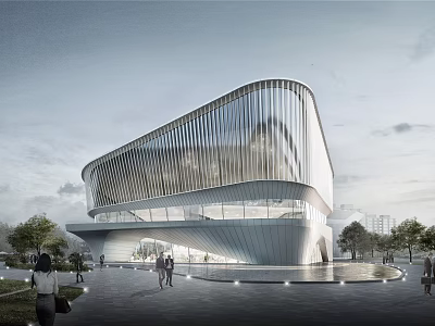 Modern Cultural Center Building With Curved Glass Facade Metal Structure And Plaza 3d model