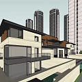 Modern High Rise Residential Buildings With Low Rise Structure Greenery And Yellow Vehicle At Entrance