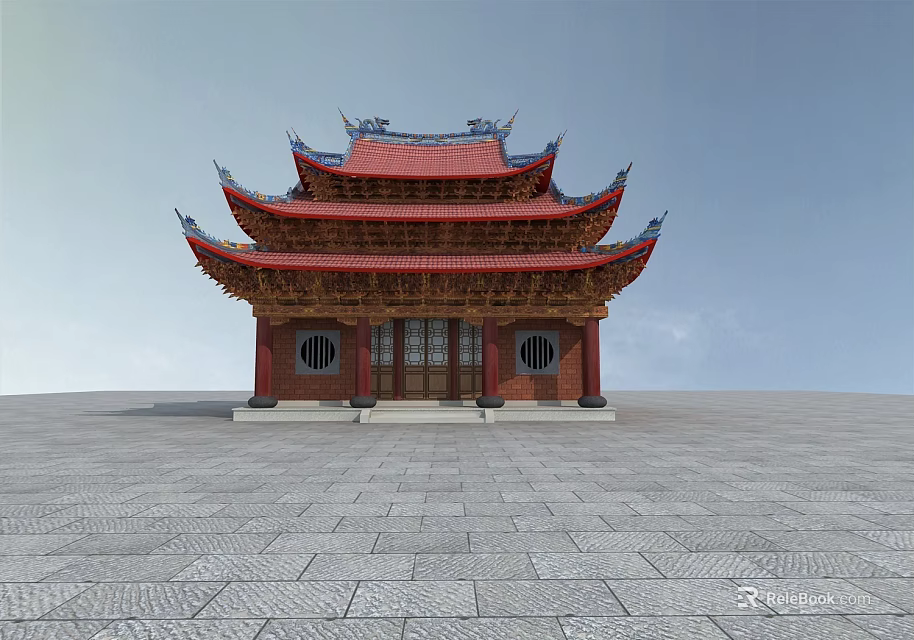 Traditional Ancient Chinese Architecture with Red Roof Overhanging Eaves Wooden Structure on Stone Pavement Square 3d model 