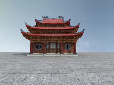 Traditional Ancient Chinese Architecture with Red Roof Overhanging Eaves Wooden Structure on Stone Pavement Square 3d model