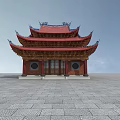 Traditional Ancient Chinese Architecture with Red Roof Overhanging Eaves Wooden Structure on Stone Pavement Square