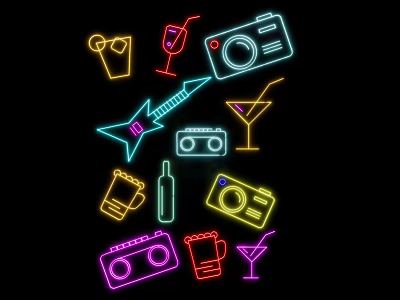Vibrant Neon Decorative Lights with Wine Glass Camera Guitar Cassette and Martini Glass Designs 3d model