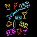 Vibrant Neon Decorative Lights with Wine Glass Camera Guitar Cassette and Martini Glass Designs