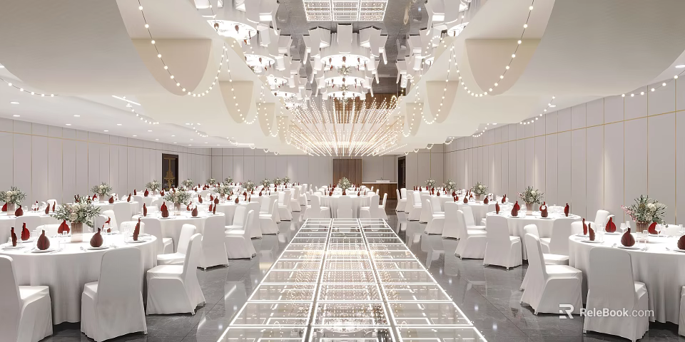 Elegant Banquet Hall Interior With Crystal Chandeliers White Tablecloths And Gleaming Floor 3d model 