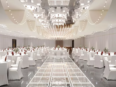 Elegant Banquet Hall Interior With Crystal Chandeliers White Tablecloths And Gleaming Floor 3d model