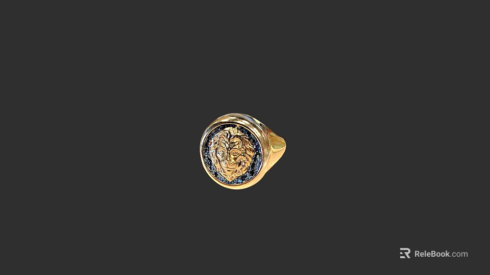 Luxurious Gold Ring With Intricate Engraved Emblem And Blue Gemstones 3d model 