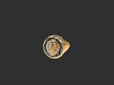 Luxurious Gold Ring With Intricate Engraved Emblem And Blue Gemstones 3d model