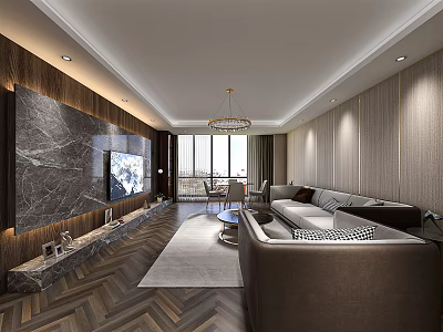 Modern Hotel Guest Room Featuring Marble Wall TV Comfortable Sofa Chandelier And Herringbone Wooden Floor 3d model