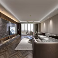 Modern Hotel Guest Room Featuring Marble Wall TV Comfortable Sofa Chandelier And Herringbone Wooden Floor