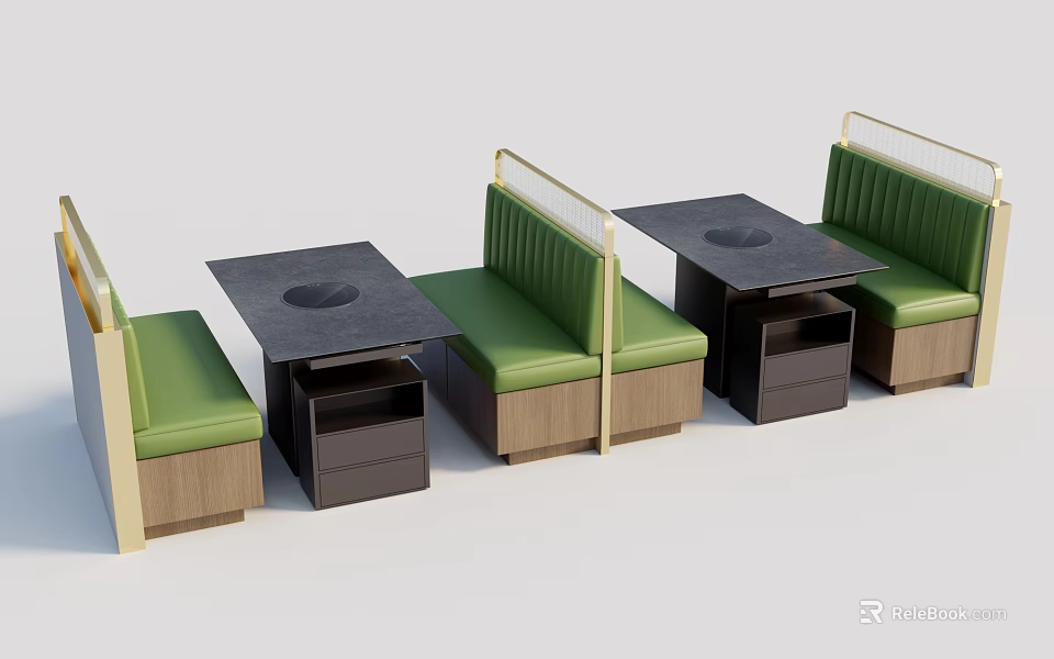 Modern Restaurant Booth Seating With Green Cushions Wooden Frames Black Table Tops 3d model 