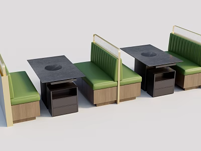 Modern Restaurant Booth Seating With Green Cushions Wooden Frames Black Table Tops 3d model