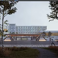 Modern Multi Storey Office Building With Glass Facade And Trees Along Pedestrian Pathway