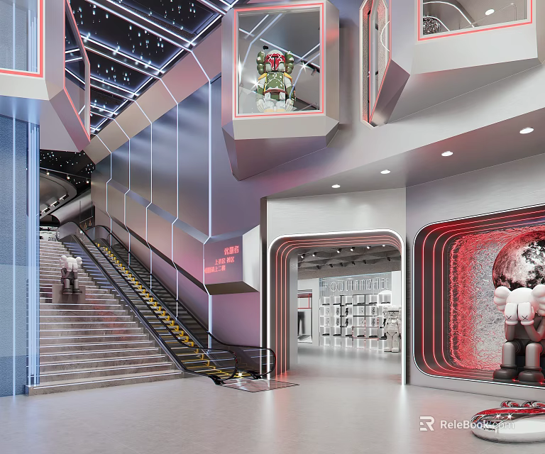 Modern Mall Interior Design With Staircase Escalator Glass Facade And Bright Lighting 3d model 