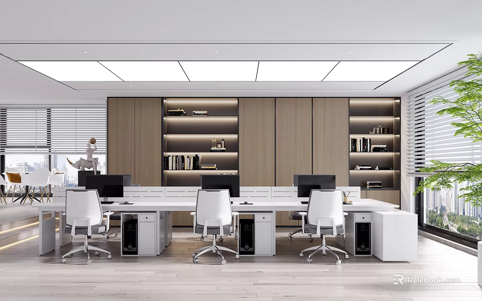 Modern Public Office Space With White Ergonomic Chairs Wooden Bookshelves And Desks 3d model 