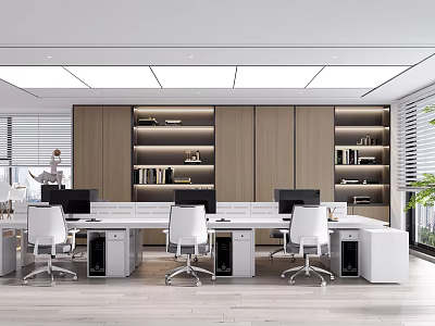 Modern Public Office Space With White Ergonomic Chairs Wooden Bookshelves And Desks 3d model