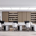 Modern Public Office Space With White Ergonomic Chairs Wooden Bookshelves And Desks