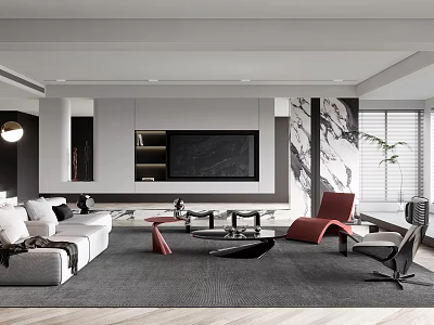 Modern Living Room Interior Design With White Sofa Red Chairs TV Stand And Gray Rug 3d model