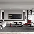 Modern Living Room Interior Design With White Sofa Red Chairs TV Stand And Gray Rug