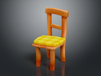 Wooden Chair Design With Yellow Checkered Seat Cushion And Simple Backrest Structure 3d model
