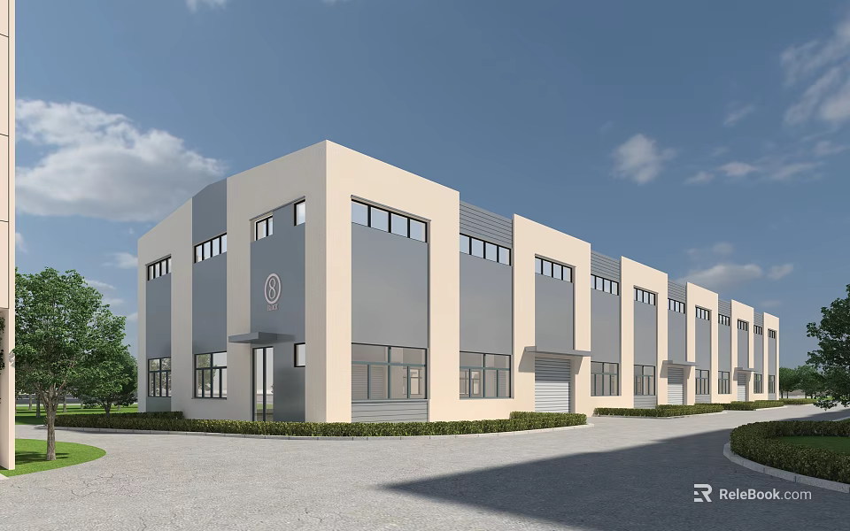 Modern Industrial Factory Building With Light Beige Exterior Multiple Windows And Front Parking Area 3d model