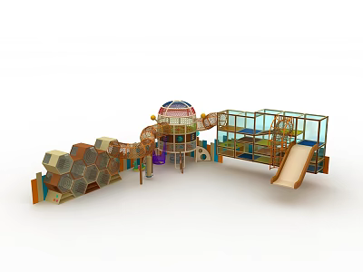 Colorful Children's Playground Structure With Slide Hexagonal Modules And Transparent Fences 3d model