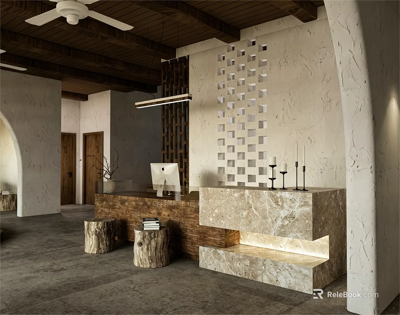 Modern Front Desk Reception Area With Marble Counter Grid Wall And Wooden Elements 3d model 