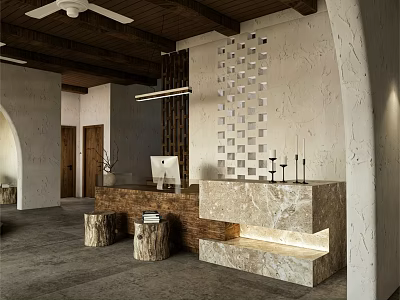 Modern Front Desk Reception Area With Marble Counter Grid Wall And Wooden Elements 3d model
