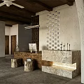 Modern Front Desk Reception Area With Marble Counter Grid Wall And Wooden Elements