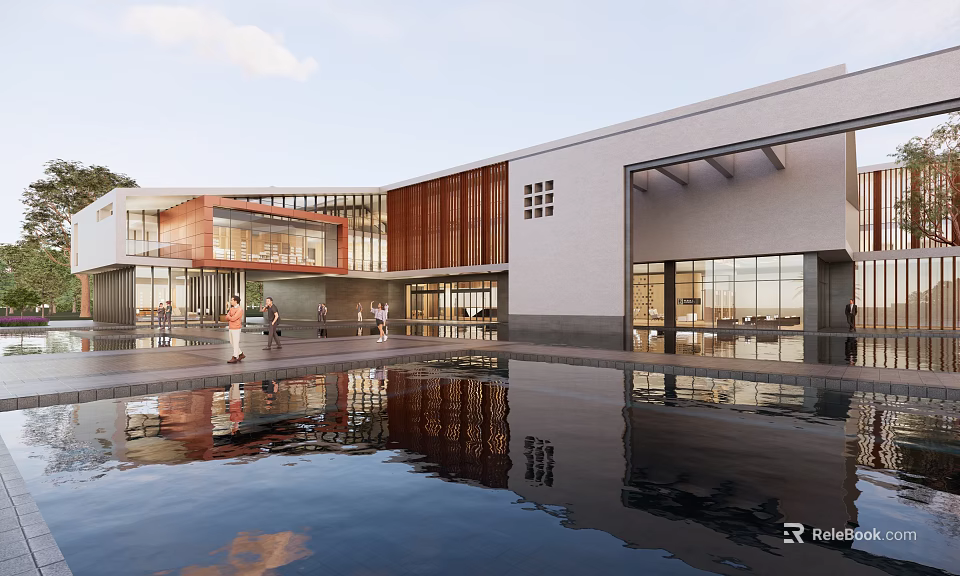 Modern Architectural Exterior Featuring Glass Curtain Wall Wooden Accents Reflection Pool And People Walking 3d model 