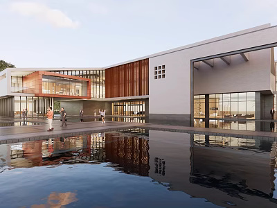 Modern Architectural Exterior Featuring Glass Curtain Wall Wooden Accents Reflection Pool And People Walking 3d model