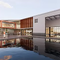 Modern Architectural Exterior Featuring Glass Curtain Wall Wooden Accents Reflection Pool And People Walking