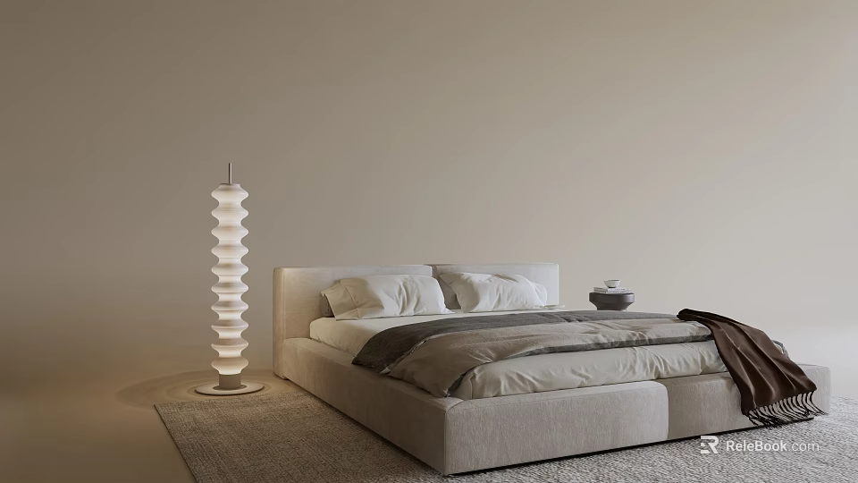 Modern Neutral Tones Double Bed With Spiral Floor Lamp And Soft Pillows On Beige Rug 3d model 