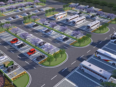 Eco Friendly Parking Lot With Flowering Trees Circular Layout And Multiple Vehicles 3d model