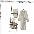 Stylish Bathroom Set With Wooden Ladder Shelves Hanging Robe Stacked Towels And Toiletry Vases