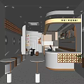 Elegant Modern Dessert Shop Interior With Curved Counter Small Round Tables And Soft Lighting