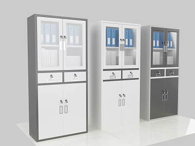 Modern Office Bookcase With Glass Doors And Blue Folders In Gray White Colors 3d model