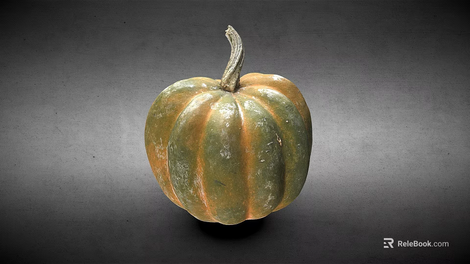 Ripe Green Pumpkin With Striped Skin And Curved Stem On Dark Background 3d model 