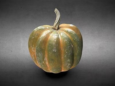 Ripe Green Pumpkin With Striped Skin And Curved Stem On Dark Background 3d model