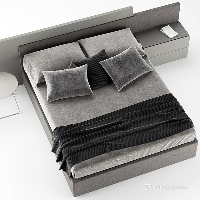 Modern Double Bed With Gray Bedding Black Pillows And Wooden Nightstand Design 3d model 