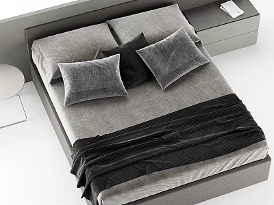 Modern Double Bed With Gray Bedding Black Pillows And Wooden Nightstand Design 3d model
