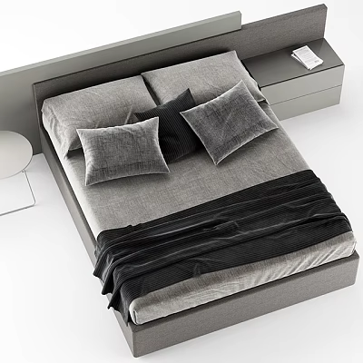 Modern Double Bed With Gray Bedding Black Pillows And Wooden Nightstand Design 3d model